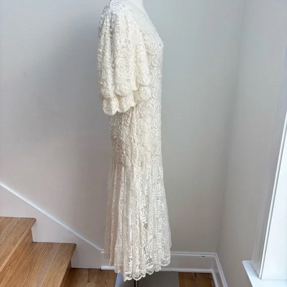 Cache Vintage Beaded Dress Lace Long Formal Evening Gown White Ivory Size  Medium